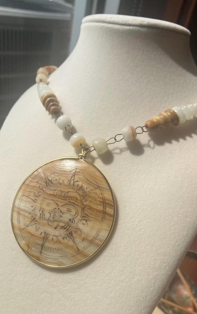 Vintage Onyx Necklace Carved Pendant Banded Calcite Mid Century Mexican Jewelry